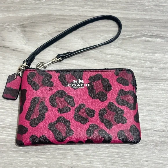 Coach Pink and Black Leopard Print Wristlet - Picture 2 of 4